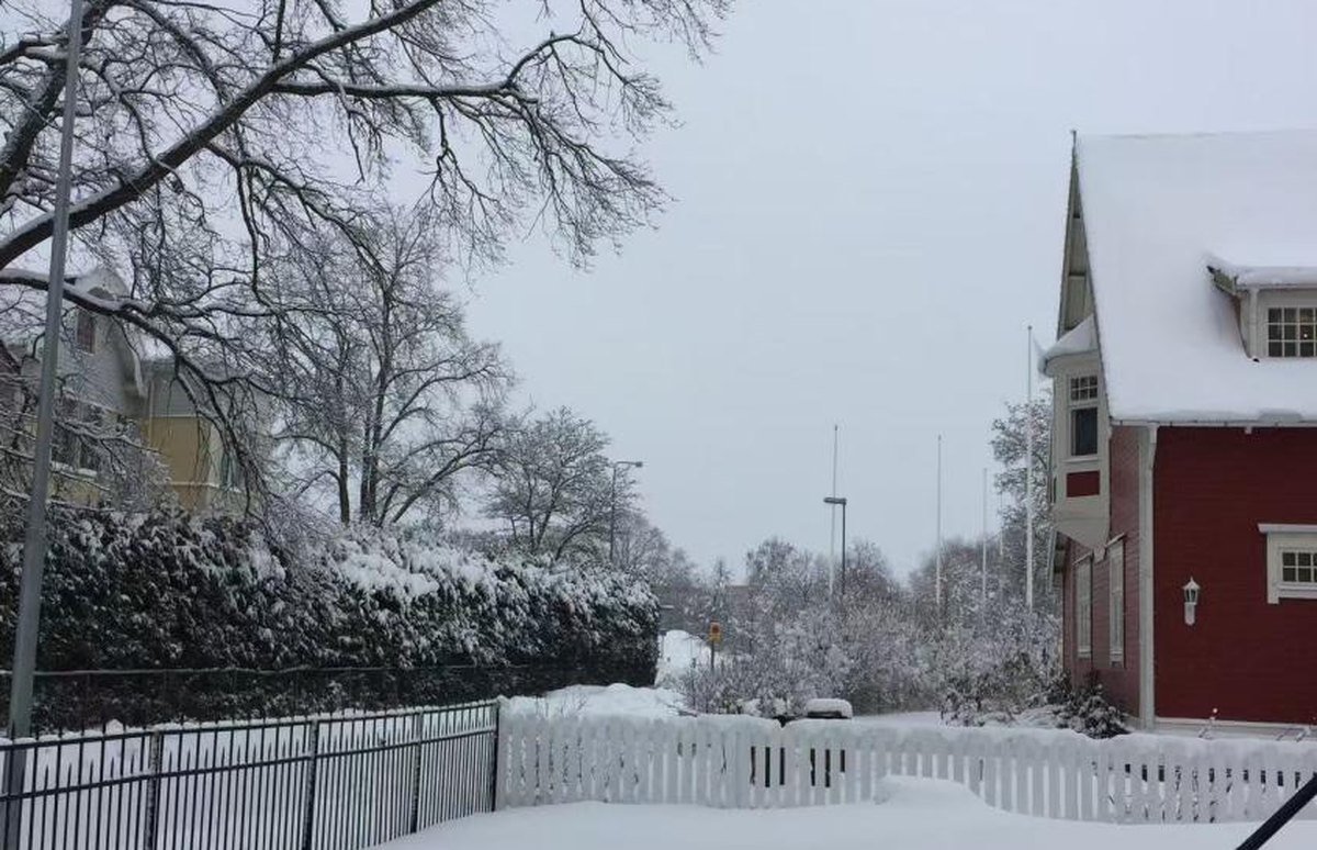 Vintergata med röda trähus i Gävle